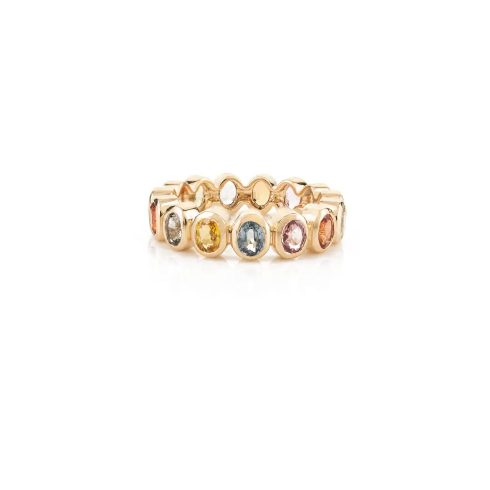 Fine Jewelry 14K Solid Yellow Gold Multi Gemstone Eternity Band Ring