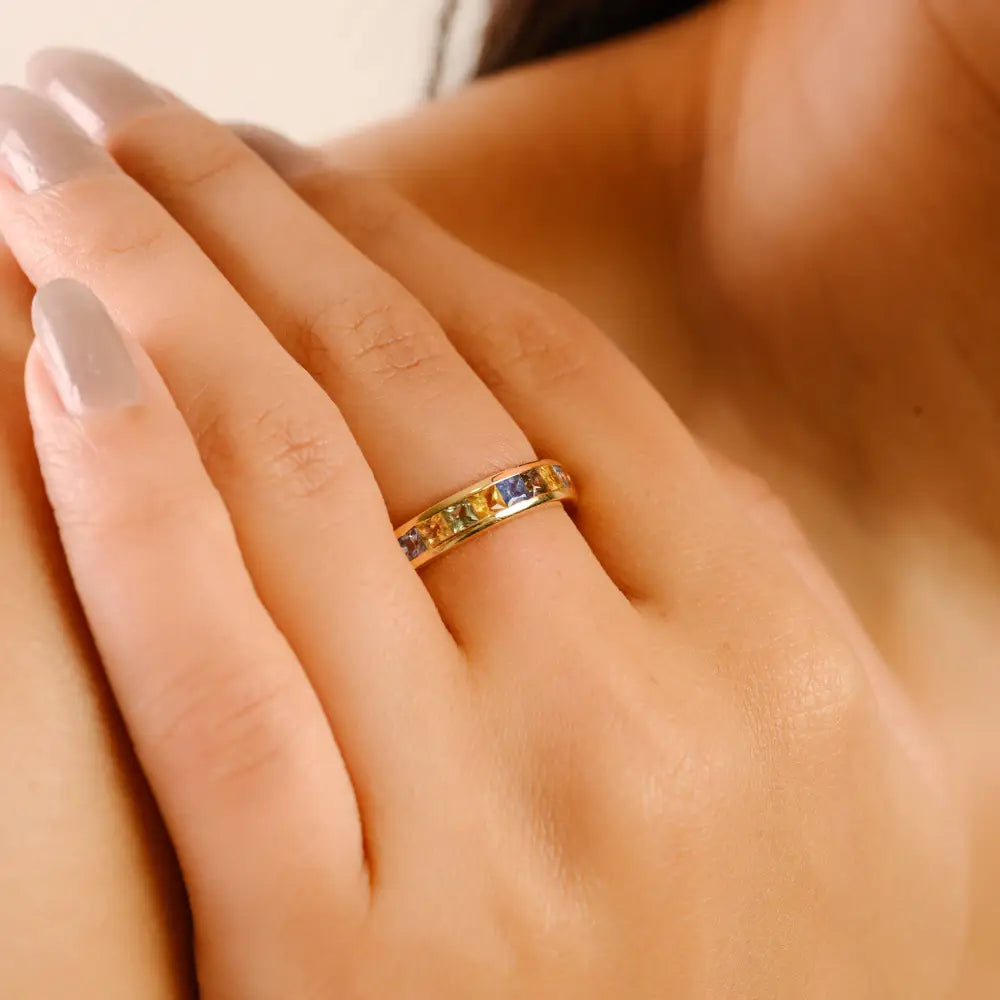 Rainbow Colorful Multi Sapphire Channel Set Full Eternity Band Ring 14K Solid Yellow Gold