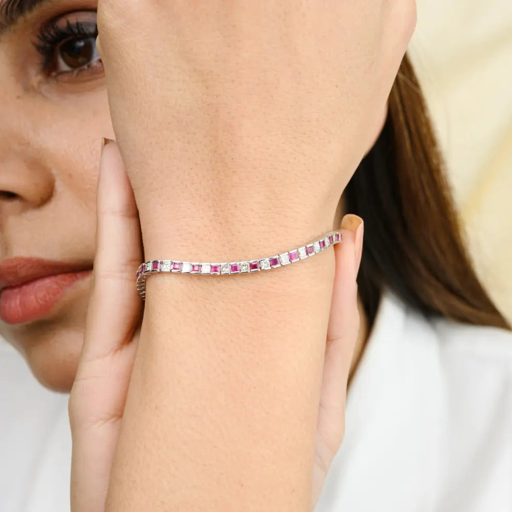 July Birthstone Ruby & Diamond 18K Solid White Gold Tennis Bracelet