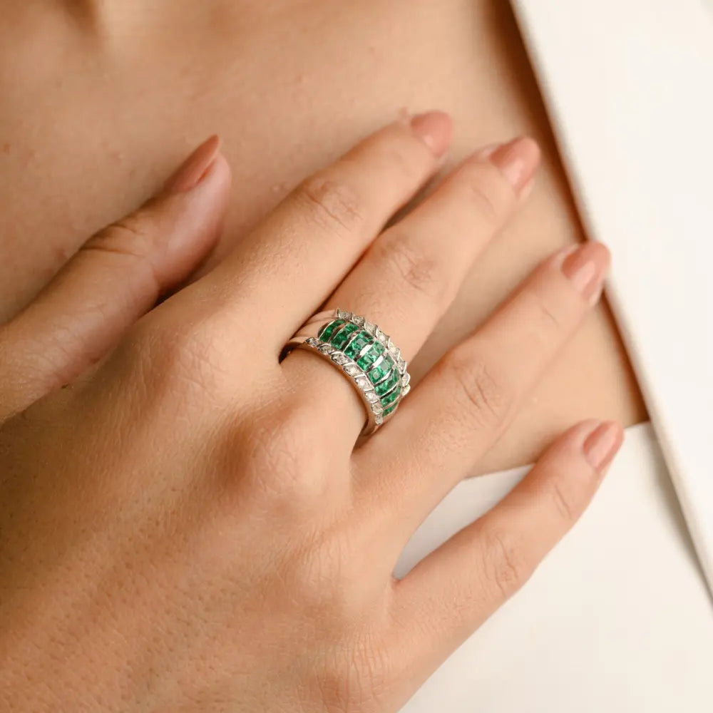 Precious Gemstone Jewelry Natural Emerald & Diamond 18K Solid White Gold Wedding Band Ring