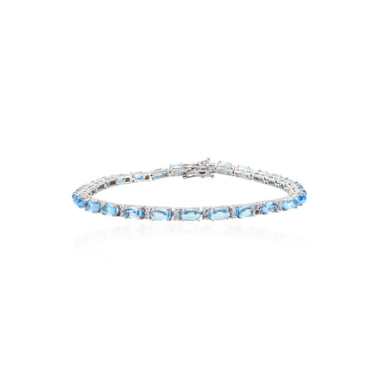 Oval Shape Blue Topaz & Round Cut American Diamond Stackable Tennis Bracelet Set In Solid 925 Silver