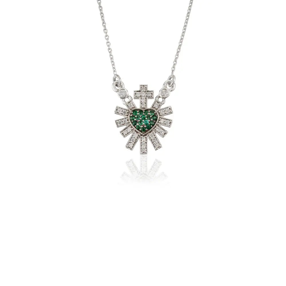 Emerald & Diamond Sacred Heart Sunburst Pendant Necklace For Women 14K Solid White Gold