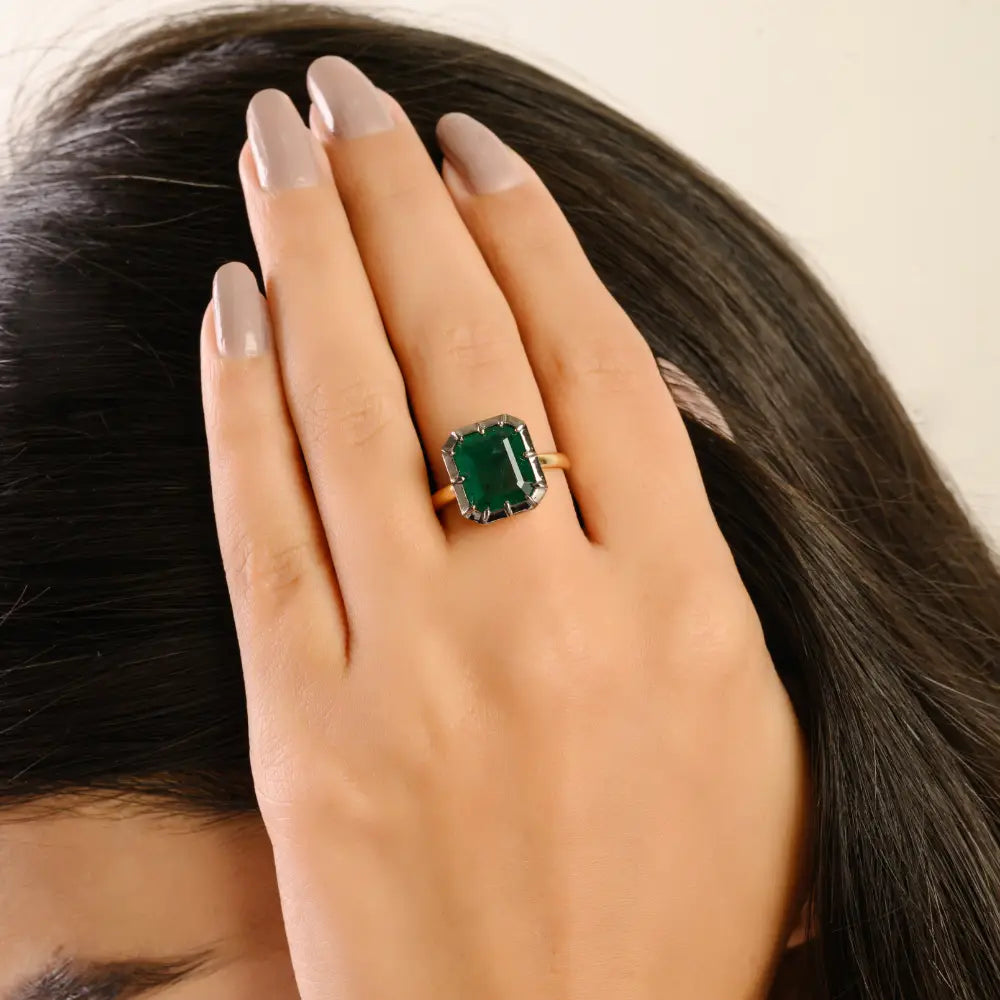 Pinion Bezel Set Emerald Gemstone Black Rhodium Plated Solitaire Gemstone Ring 18K Gold
