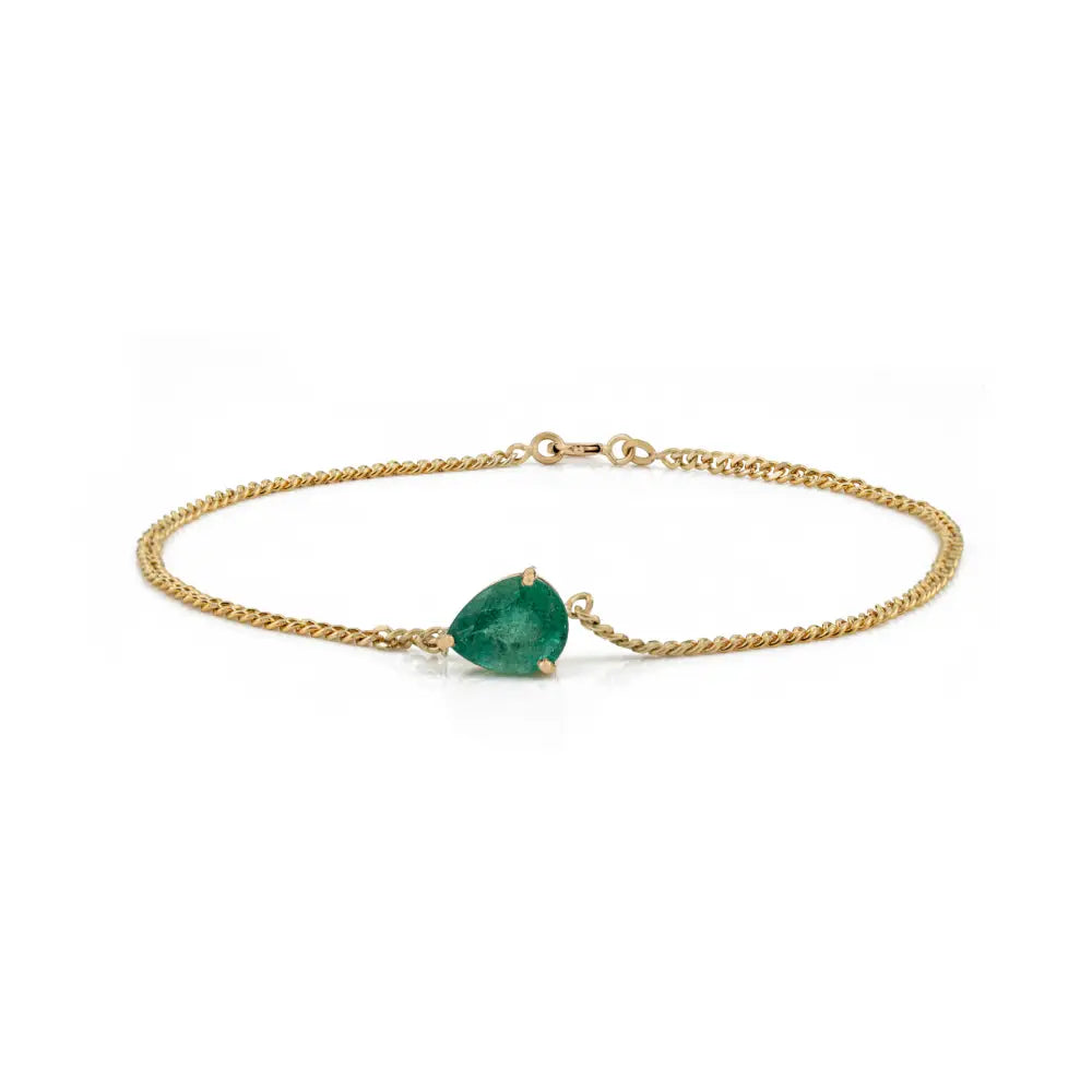K14 Real Yellow Gold Prong Set Emerald Single Stone Cuban Link Chain Bracelet Stacked Jewelry