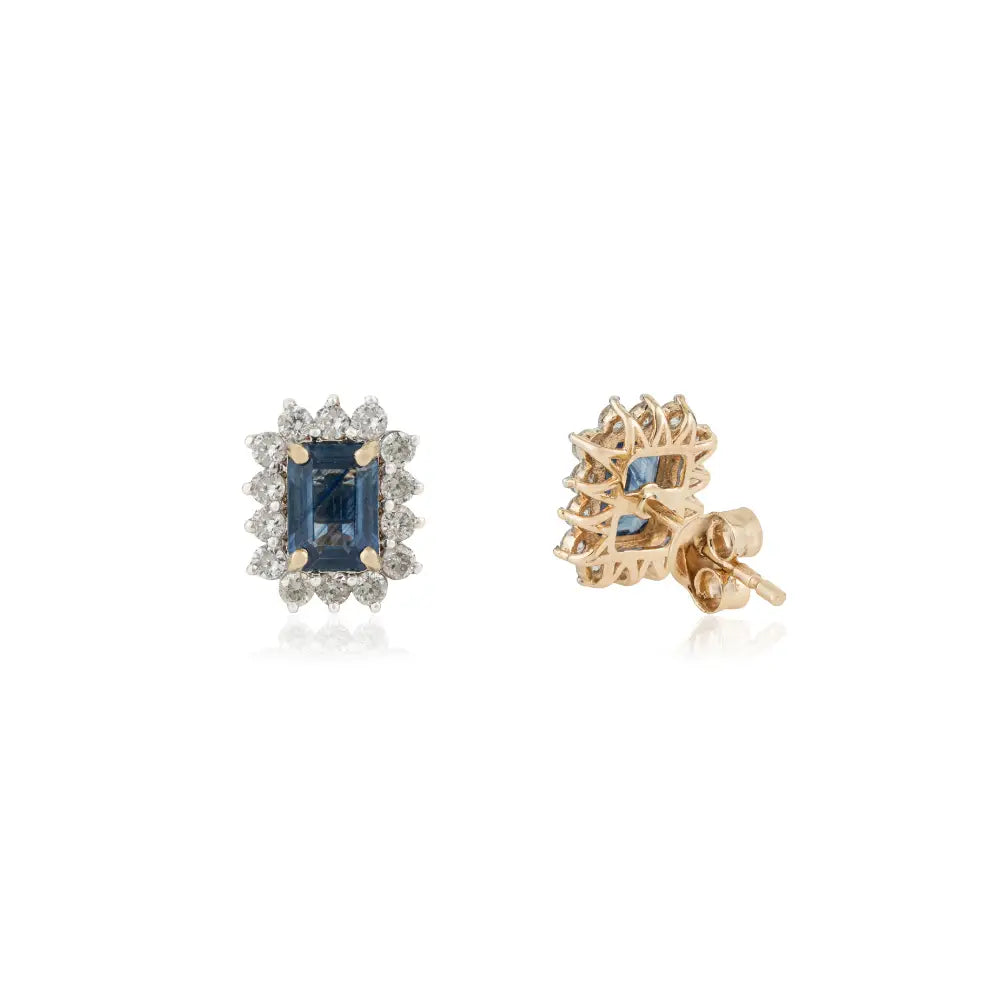 14K Real Yellow Gold Blue Sapphire & Diamond K14 Yellow Gold Cluster Stud Earrings For Women