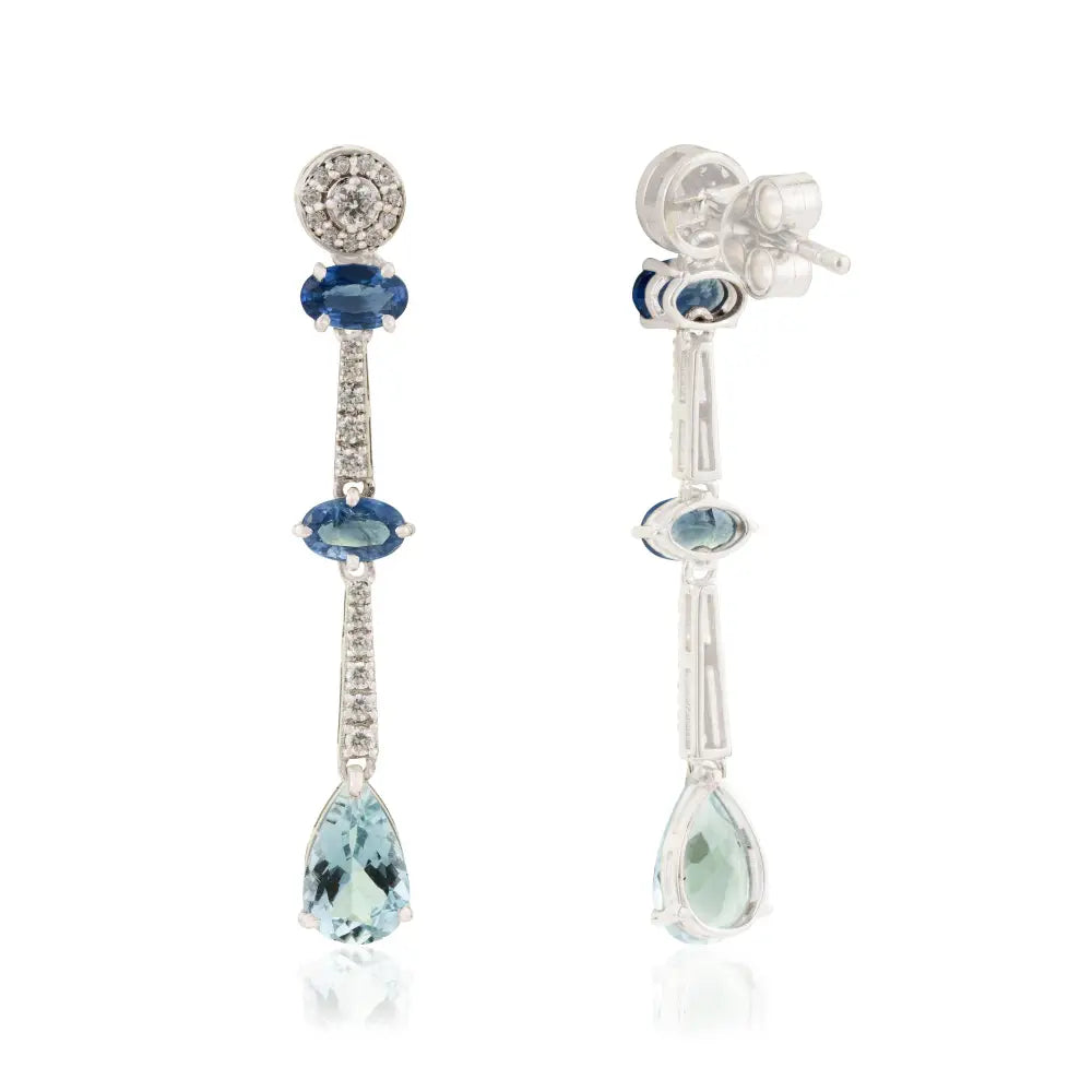 Blue Sapphire Aquamarine & Diamond Dangle Earrings Handmade 14K Soli White Gold Jewelry