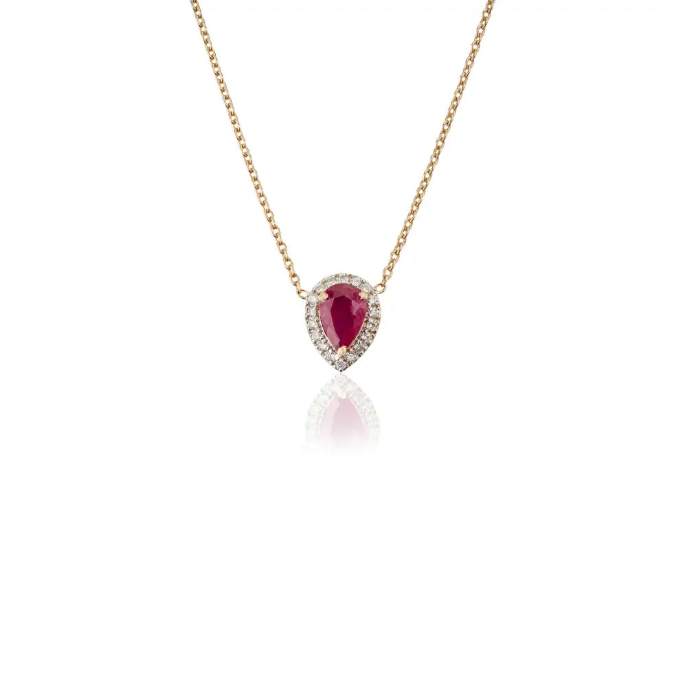 100% Genuine Ruby & Diamond 18K Pure Yellow Gold Single Stone Halo Pendant Necklace