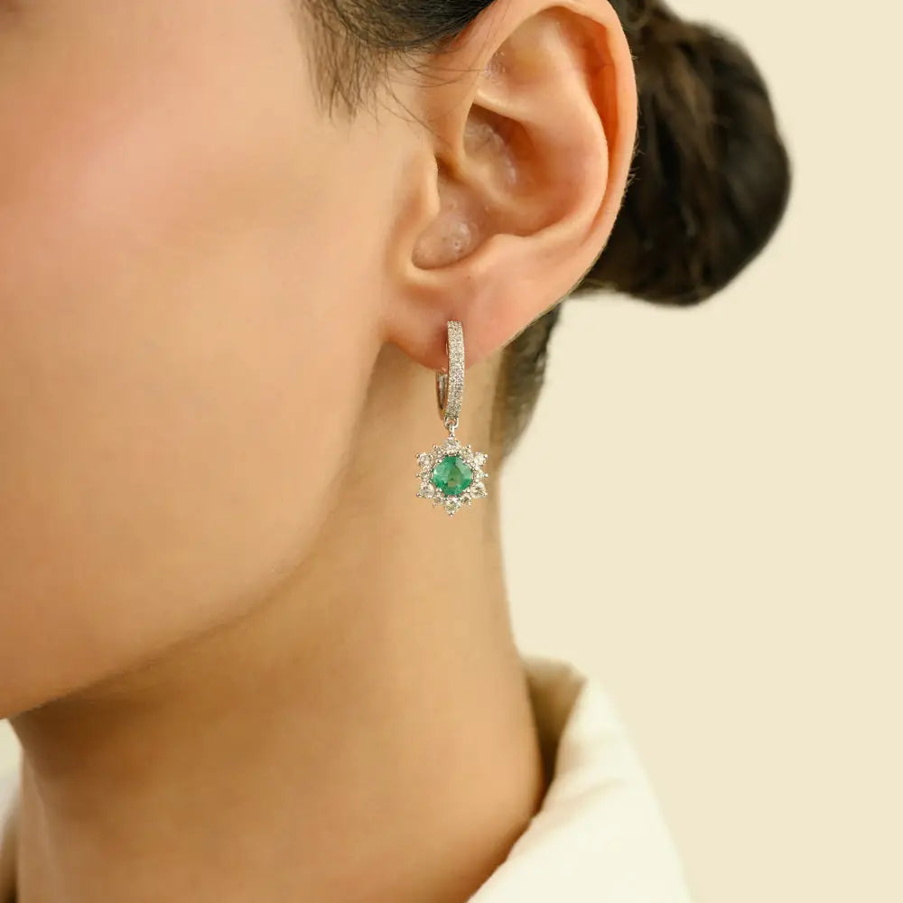 Emerald & Diamond Hoop Charm Drop Earrings For Women Wedding 14K Real White Gold Jewelry