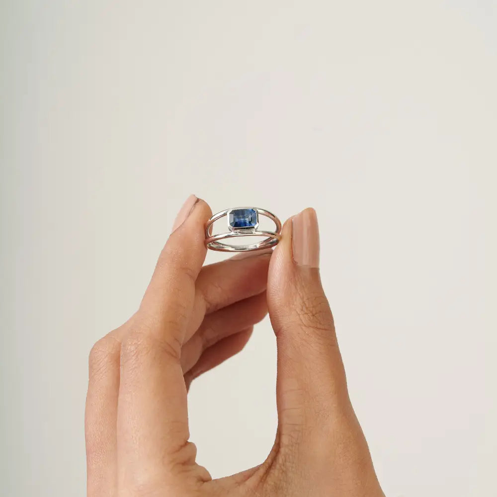 Birthstone Bulk Jewelry Blue Sapphire 14K Pure White Gold Double Band Ring For Unisex