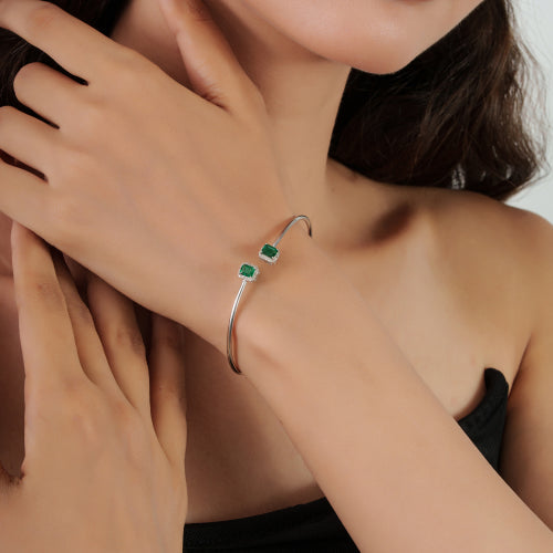 925 Silver Two Stone Natural Emerald & Diamond Halo Open Cuff Bangle For Women
