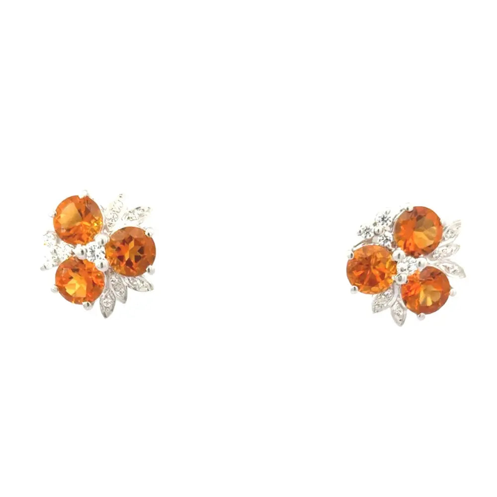 Round Citrine & American Diamond Three Stone Stud Earrings Women Jewelry 925 Solid Silver