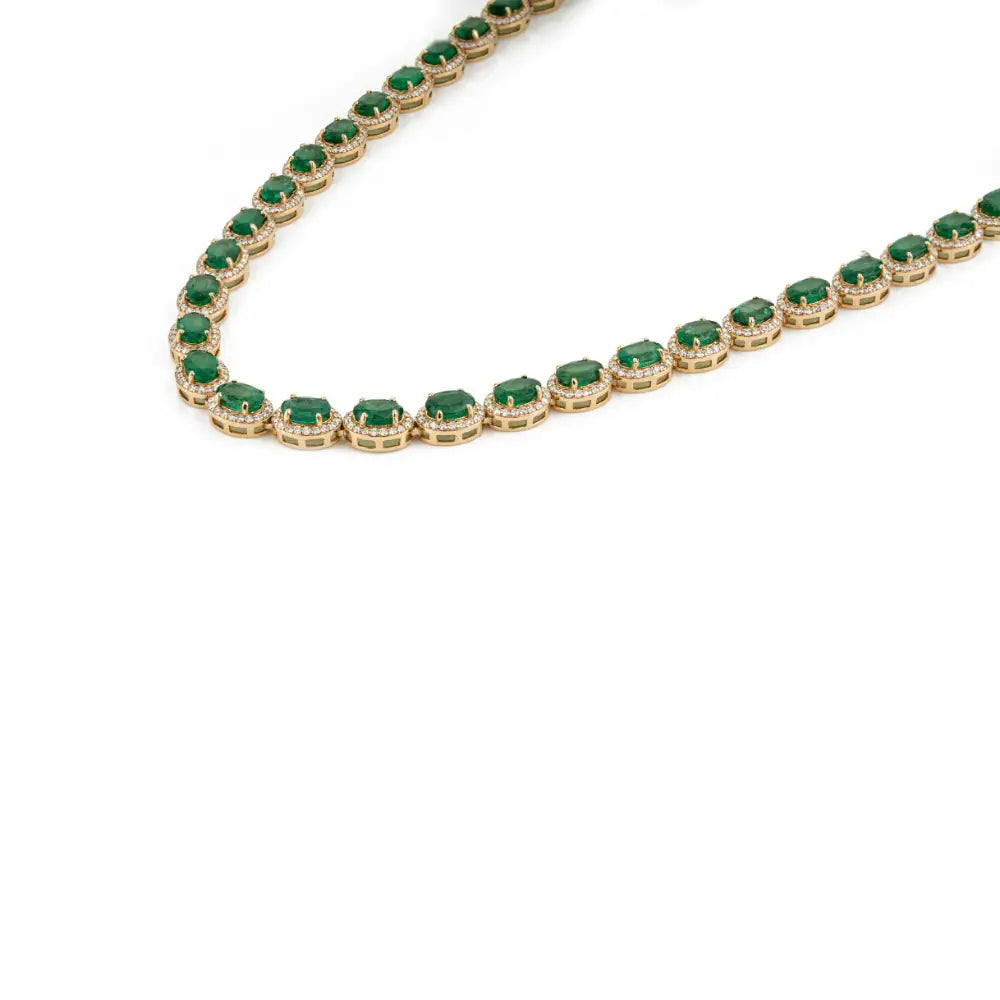 Luxurious 22.13 Ct. Emerald & Diamond Halo Tennis Necklace K18 Yellow Gold Wedding Jewelry
