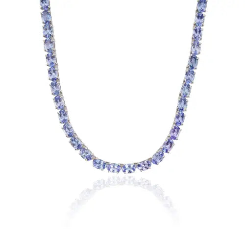 Handcrafted 925 Sterling Silver Oval Tanzanite Gemstone Tennis Necklace For Women's Fine Jewelry