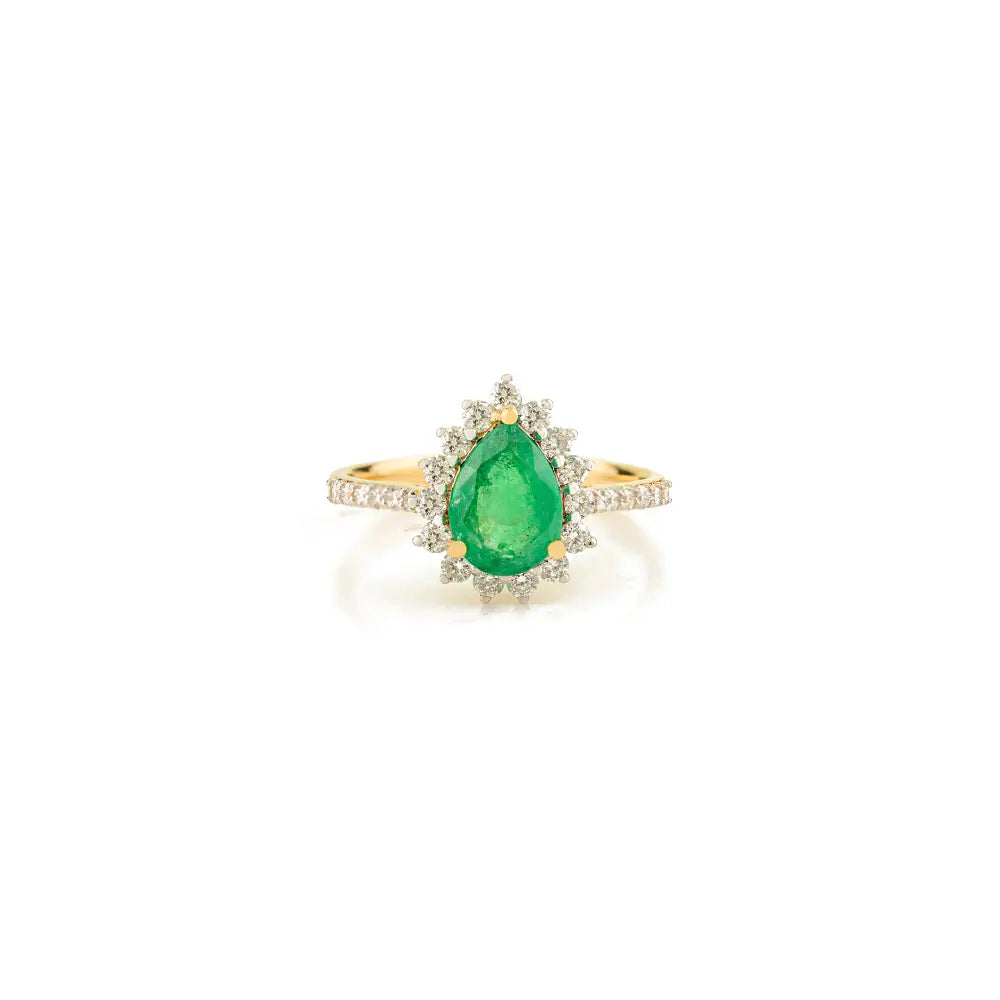 Genuine Emerald & Diamond Real K14 Yellow Gold Halo Engagement Ring Customized Jewelry