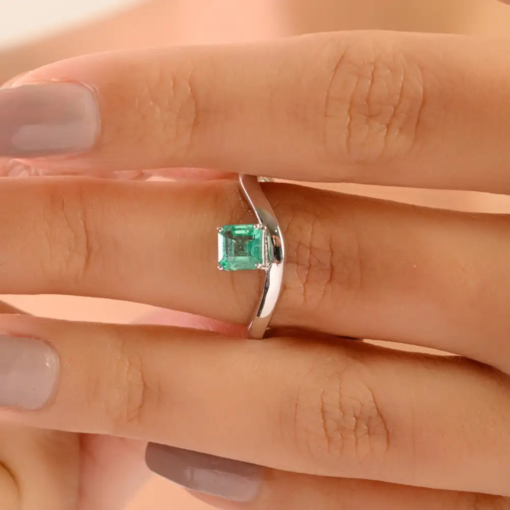 Prong Set Emerald Handmade 14K Solid White Gold Wavy Design Curve Ring Stacking Jewelry