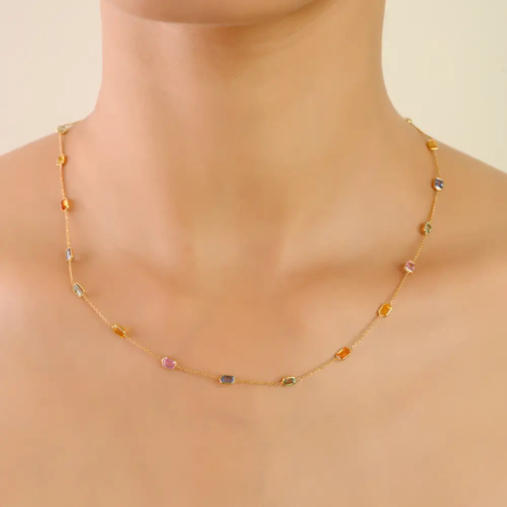Delicate Stacking Station Chain Necklace Featuring Multi Sapphire Gemstone 18K Gold Jewelry