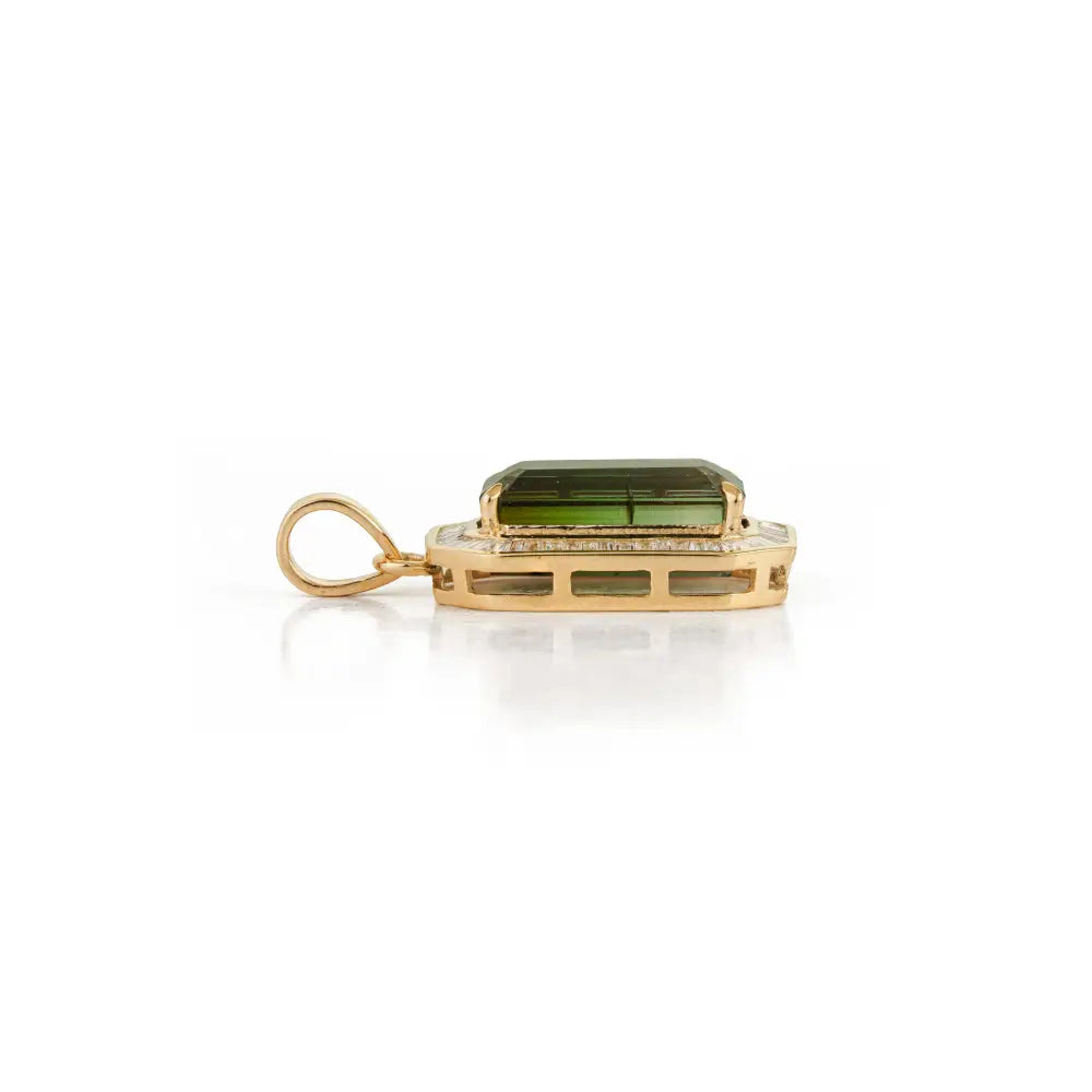 13x7mm Baguette Cut Green Tourmaline & Diamond 14K Yellow Gold Halo Pendant Fine Jewelry