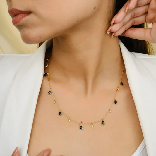 Handcrafted Jewelry Natural Blue Sapphire & Dimond Solid 18K Gold Necklace