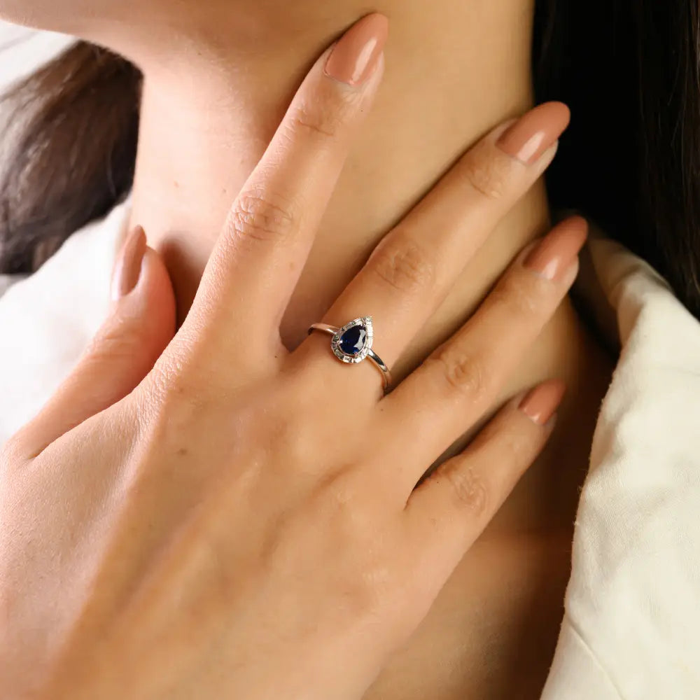 Handmade Blue Sapphire & Diamond Pear Shape Halo Stackable Ring 14K White Gold Fine Jewelry