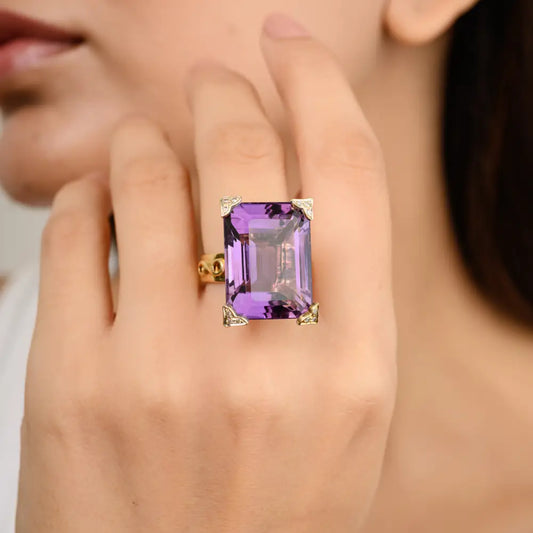 February Birthstone Genuine Amethyst & Diamond Cocktail Ring Handmade Custom Jewelry