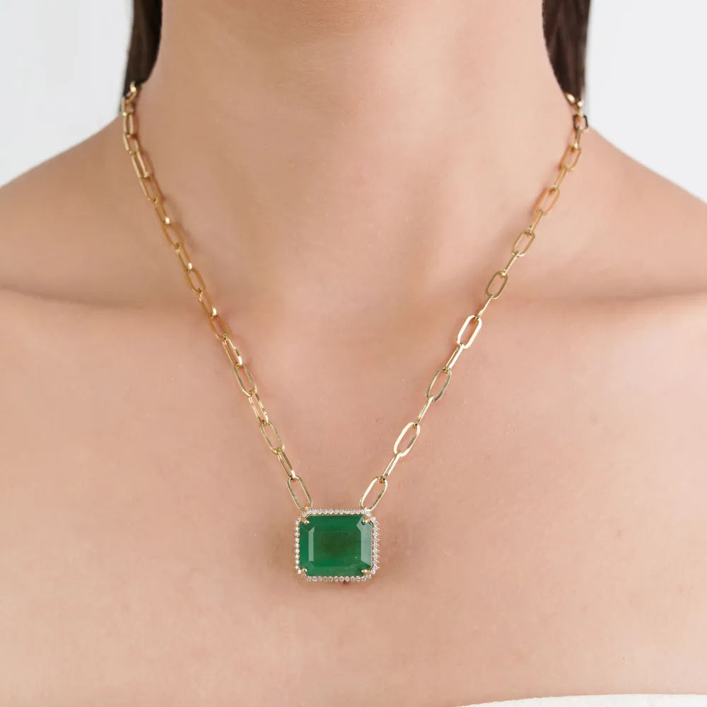 18.82ct. Zambian Emerald & Diamond Cluster Paperclip Chain Pendant Necklace K14 Yellow Gold Jewelry