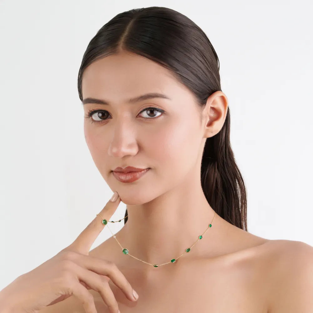 Latest Design Handmade Emerald & Diamond 14K Solid Yellow Gold Station Necklace Light Weight Jewelry
