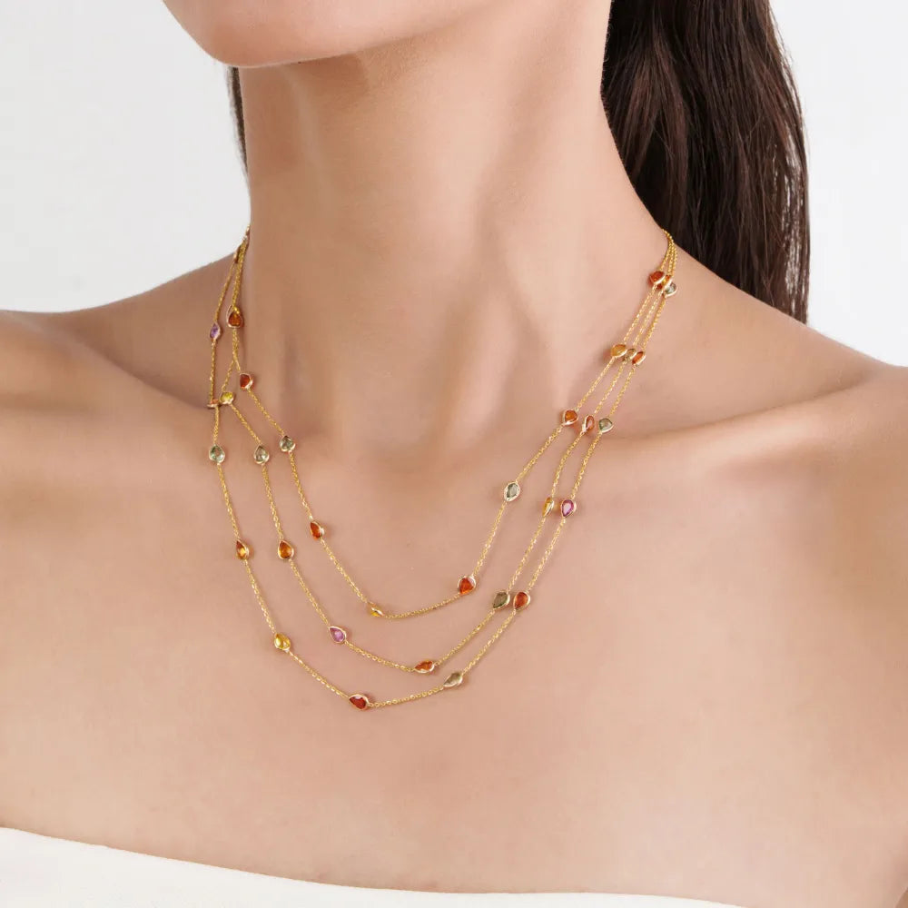 Colorful Gemstone Multi Sapphire Solid K18 Yellow Gold Triple Layer Station Chain Necklace Wedding Jewelry