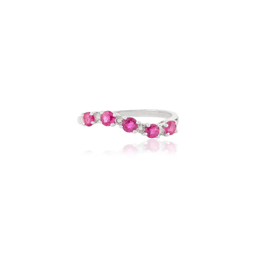 14K White Gold Precious Gemstone Ruby & Diamond Curved Band Ring