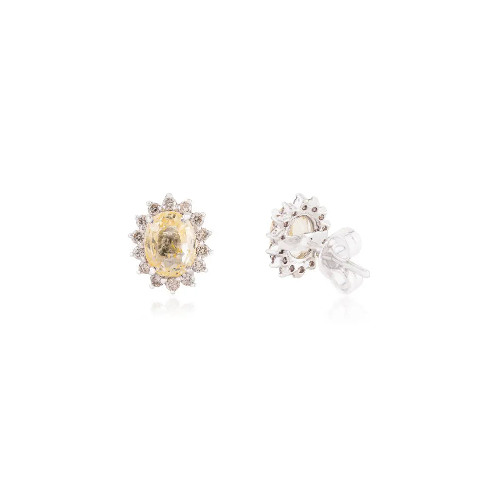 14K Real White Gold Yellow Sapphire & Diamond Women Cluster Stud Earrings Fine Jewelry