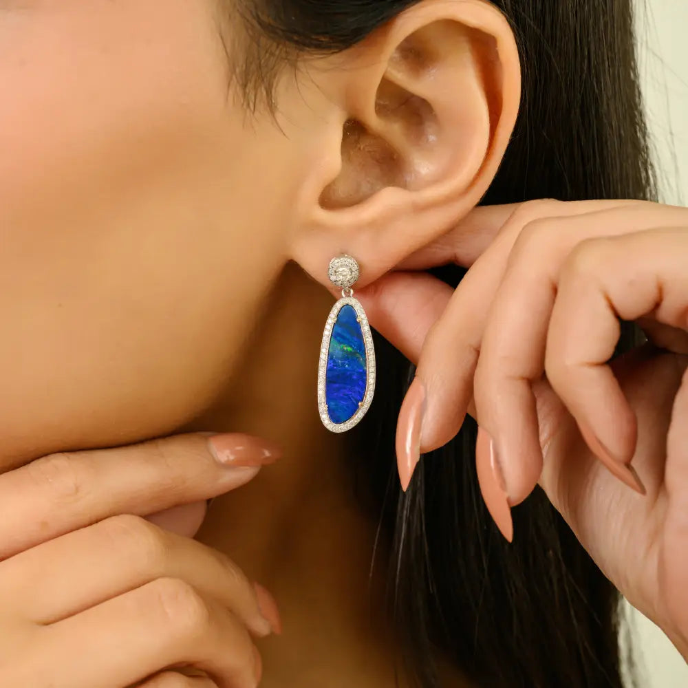 Australian Opal & Diamond 14K Real White Gold Drop Earrings Women Wedding Jewelry