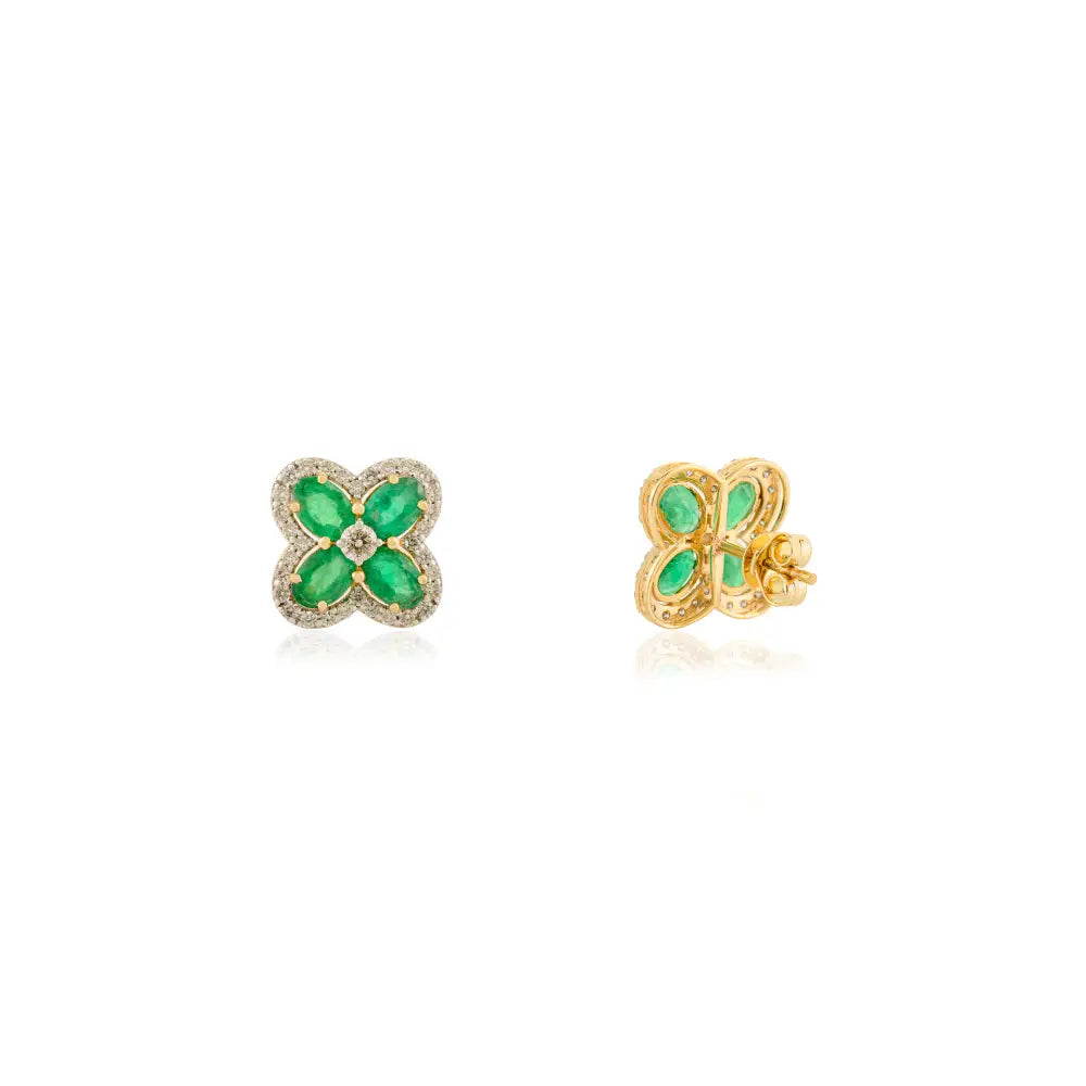 Emerald & Diamond Clover Shape Big Stud Earrings May Birthstone K18 Real Yellow Gold Jewelry