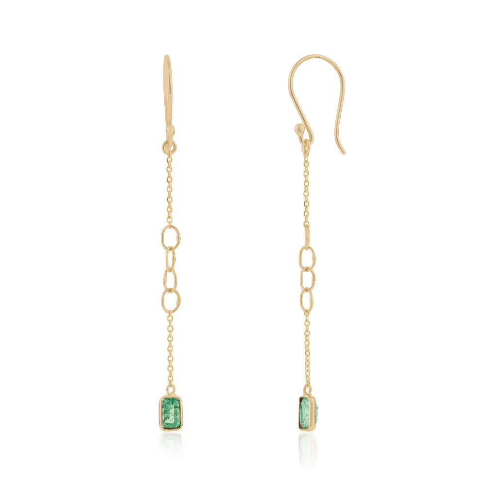Dainty Simple Design Emerald Link Chain Dangle Earrings Real K14 Yellow Gold Bulk Jewelry