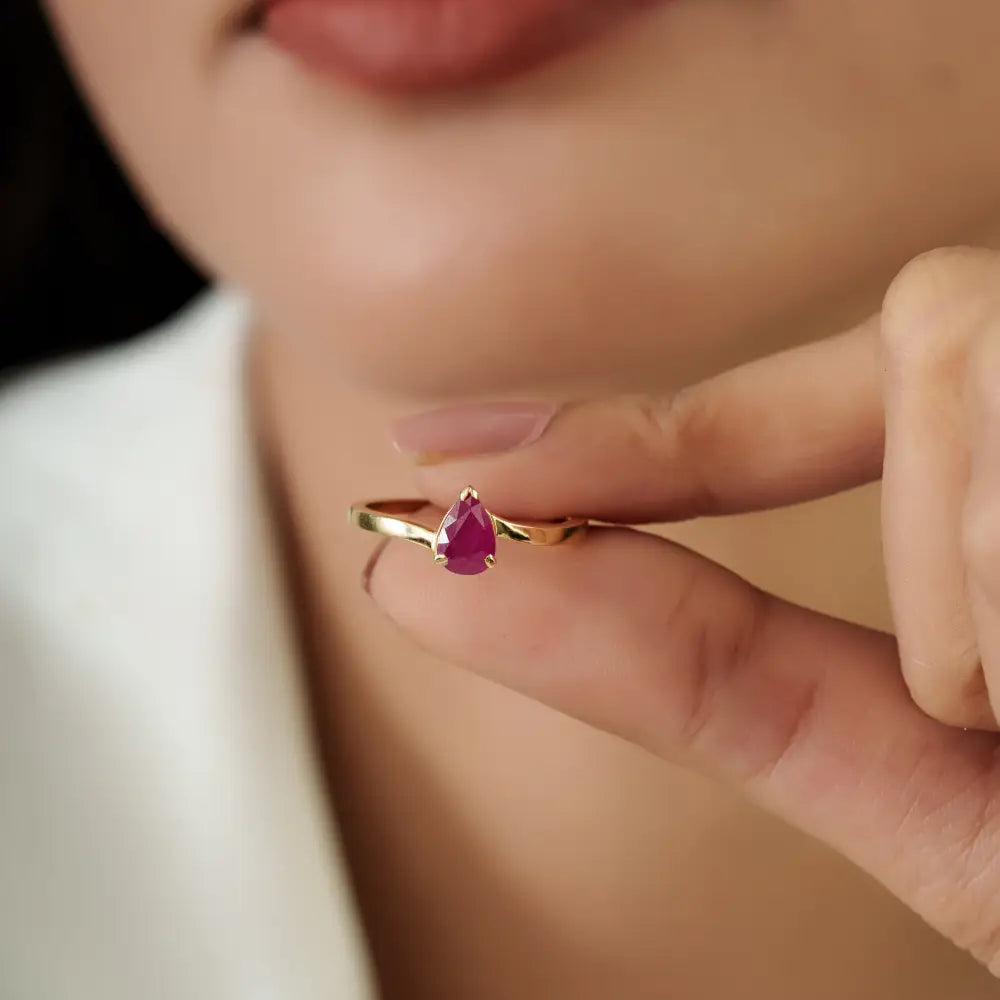Pear Shape Ruby Single Stone Ring Solid K14 Yellow Gold Customized Elegant Jewelry