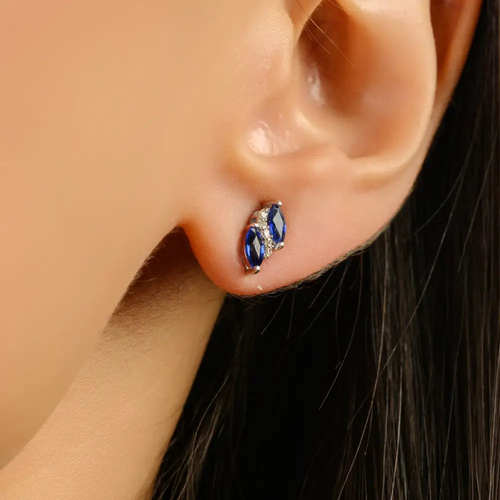 September Birthstone Blue Sapphire & Diamond Minimal Stud Earrings 14K Solid Gold Jewelry