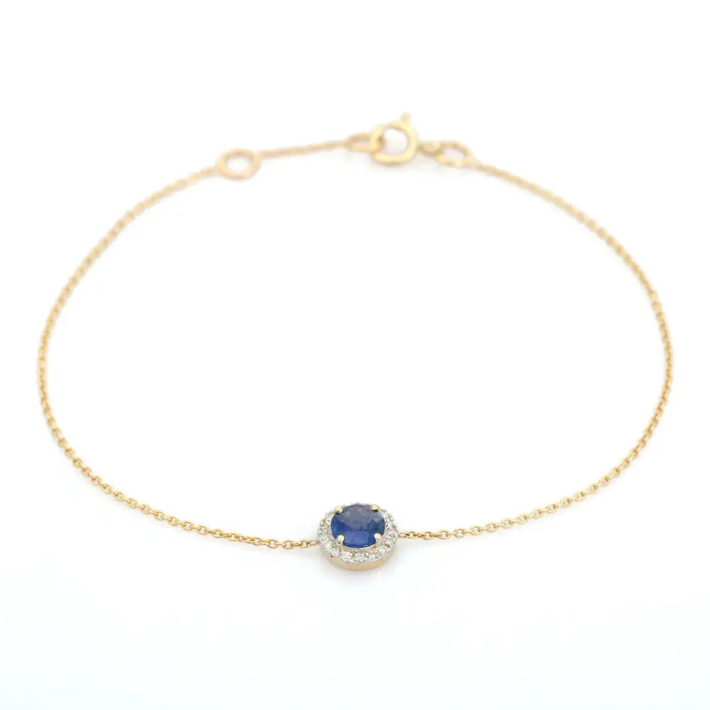 Precious Gemstone Round Cut Blue Sapphire & Diamond Halo Single Stone Bracelet 14K Gold
