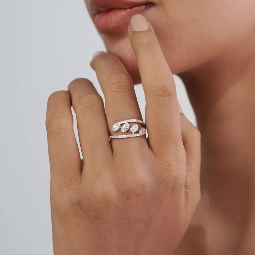 Handmade Fine Natural Diamond 18K White Gold Bypass Style Statement Ring Custom Jewelry