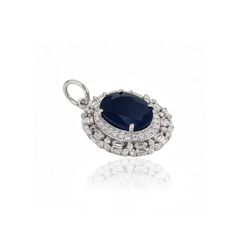 Fine Customized Solid K14 White Gold Blue Sapphire & Diamond Cluster Pendant For Wedding