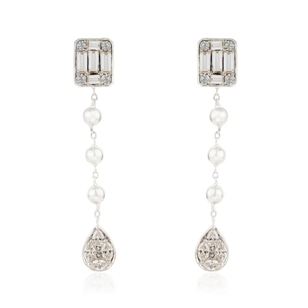 New Style Mixed Cut Diamond Dangle Earrings Real K14 White Gold Sparking Bulk Jewelry