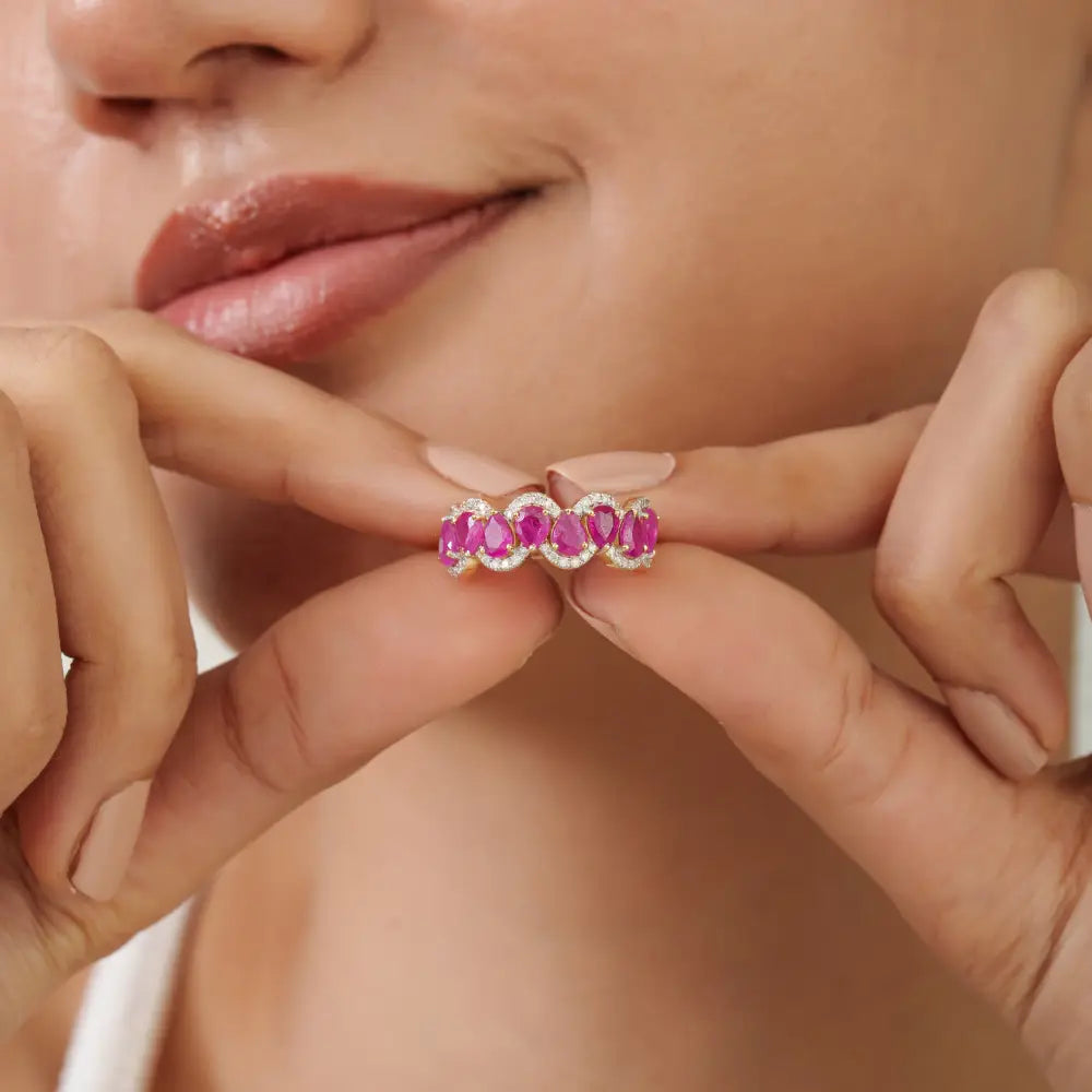 Wave Design Half Eternity Band Ring Featuring Real Ruby & Diamond 14K Solid Gold Jewelry