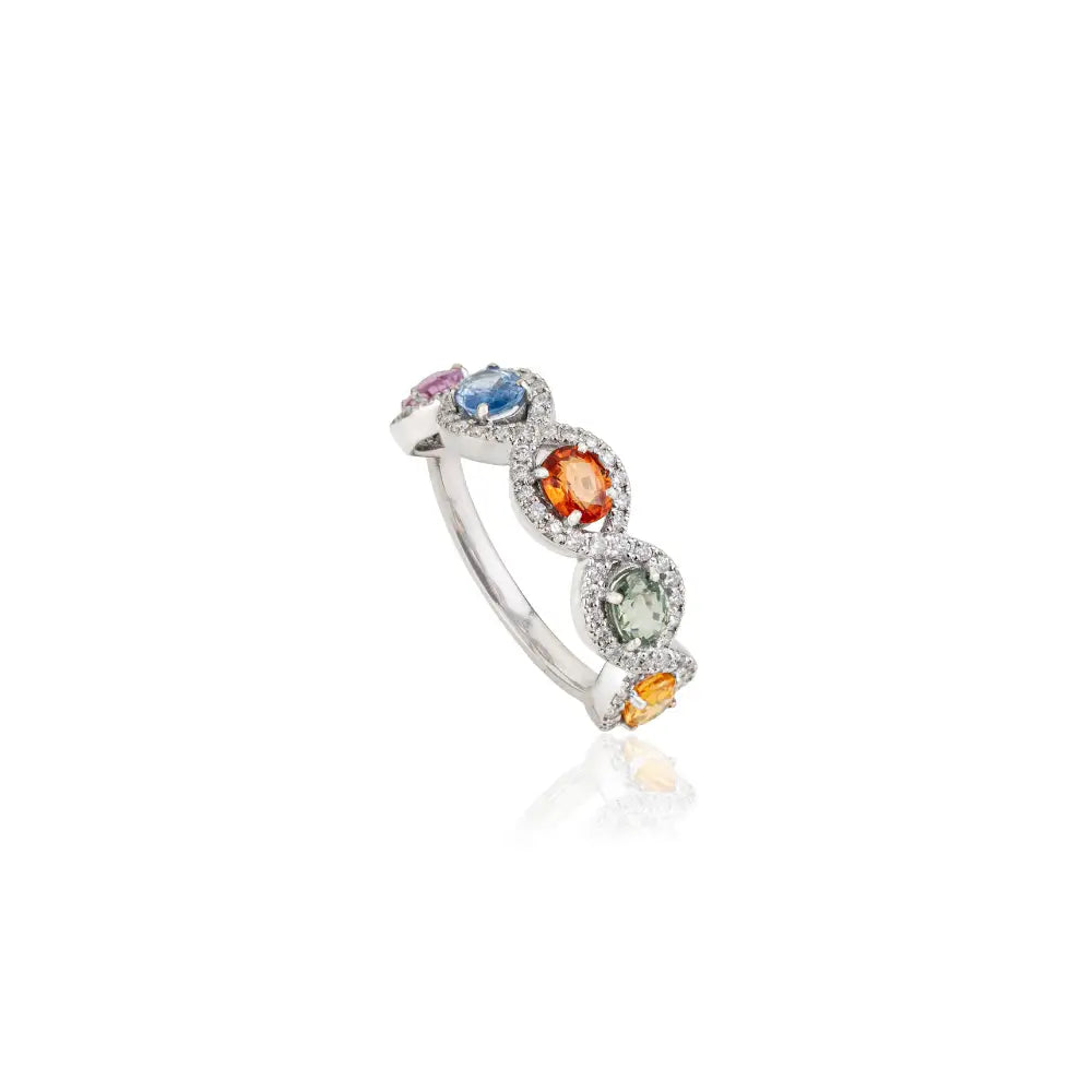 Trendy Design Multi Sapphire & Diamond K14 Real White Gold Halo Half Eternity Band Ring