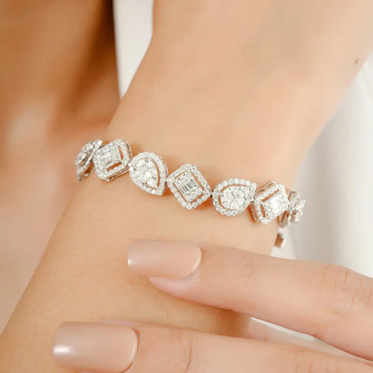 Mixed Shape Natural Diamond 18K White Gold Tennis Bracelet Engagement Sparkle Jewelry