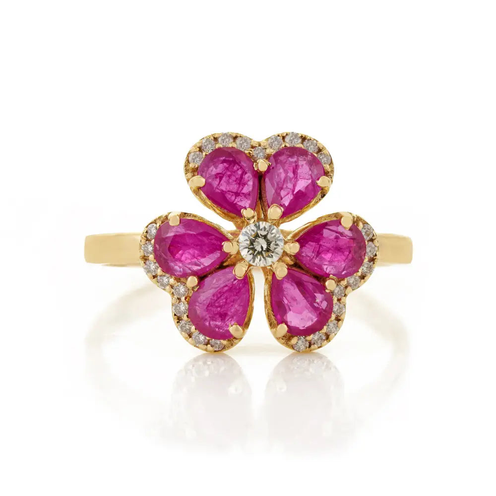 Luxury Ruby & Diamond Flower Shape Cocktail Ring For Wedding Solid 14K Yellow Gold Jewelry