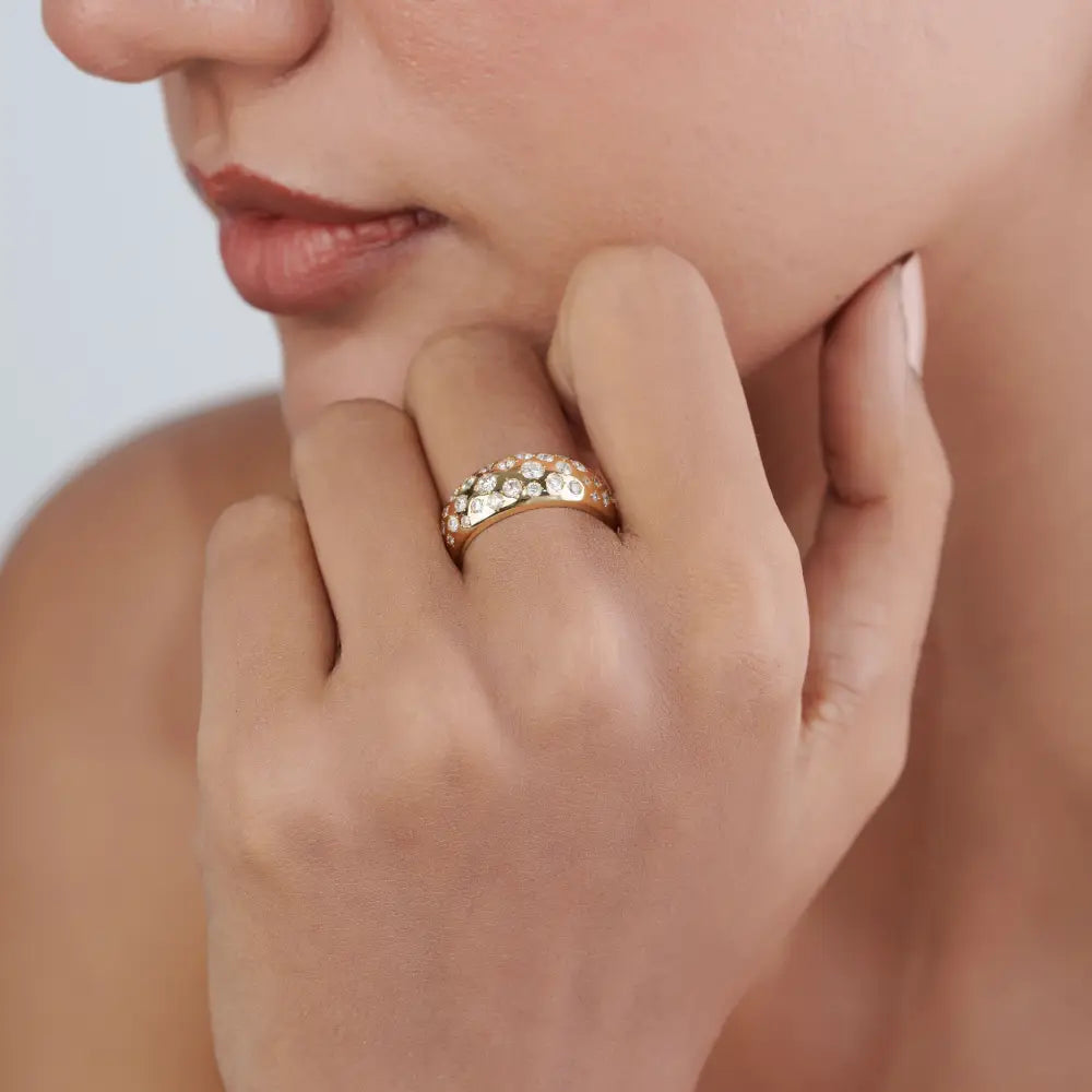 Pave Set Natural Diamond Bold Dome Ring For Unisex Sparkle Jewelry 14K Yellow Gold