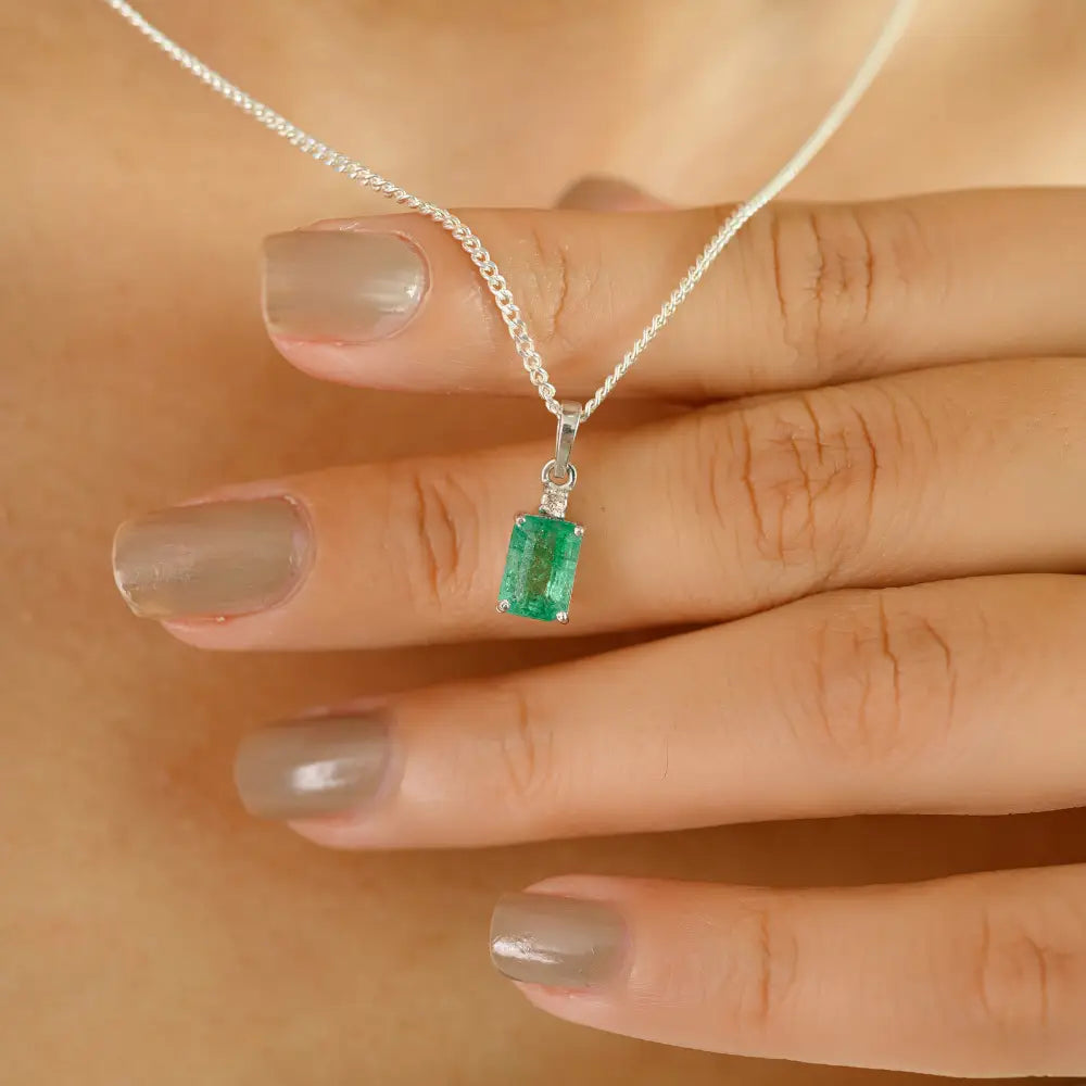 Real 14K White Gold 5x7mm Octagon Cut Emerald & Diamond Minimal Pendant For Unisex