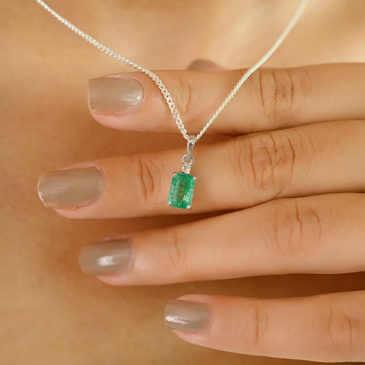 Real 14K White Gold 5x7mm Octagon Cut Emerald & Diamond Minimal Pendant For Unisex