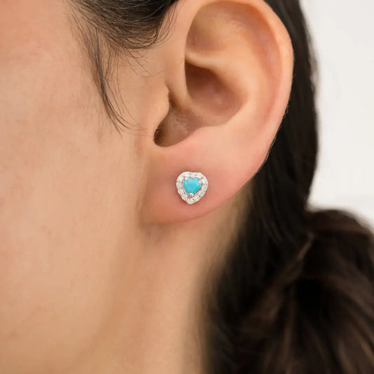 14K Real White Gold Turquoise & Diamond Heart Shape Halo Stud Earrings Daily Wear Jewelry