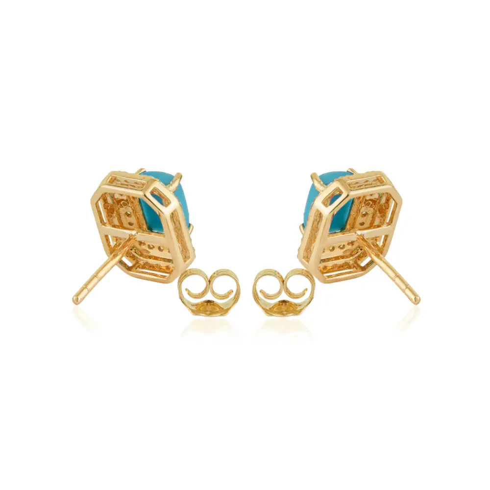 14K Yellow Gold Turquoise & Diamond Double Cluster Stud Earrings For Women Fine Jewelry