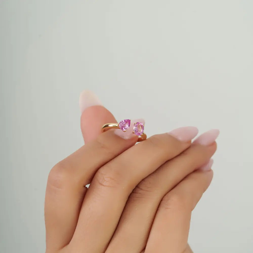 Simple Design Pink Sapphire Toi et Moi Open Ring Stackable 14K Yellow Gold Bulk Jewelry