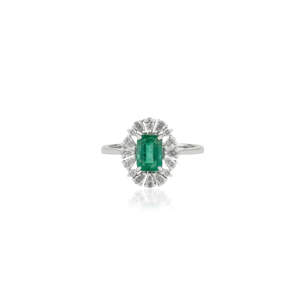 Newly Design 14K Real White Gold Emerald & Diamond Cluster Ring Fine Gemstone Jewelry
