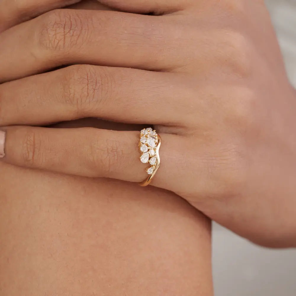 100% Natural Diamond K14 Yellow Gold Wavy Band Pinky Ring Unique Minimal Bulk Jewelry